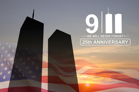 Twin Towers silhouette with USA flag. September 11, 2001. Patriot Day. We will never forget