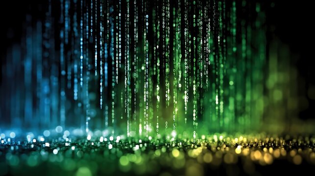 Abstract technical background with cascading binary code, glowing green and blue zeros and ones falling in vertical streaks, shallow depth of field, black background