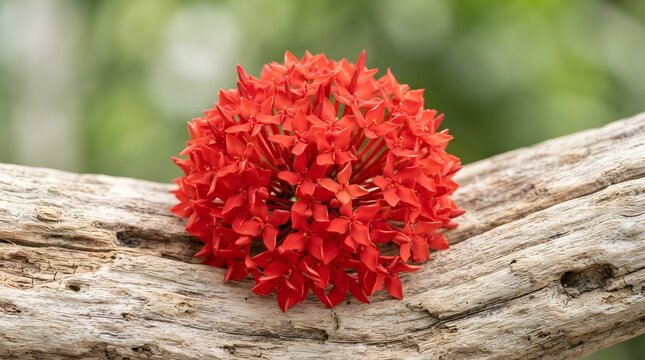 A vibrant cluster of red ixora flowers resting on a textured wooden branch