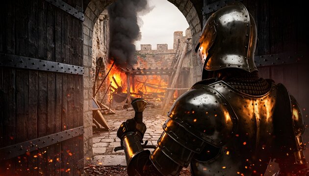 Armored Knight Standing Before Fiery Castle Ruins with Dark Clouds