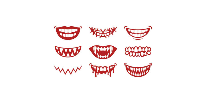 Set of nine diverse creepy monster mouths featuring jagged teeth and dripping saliva elements for horror themed graphic design projects.