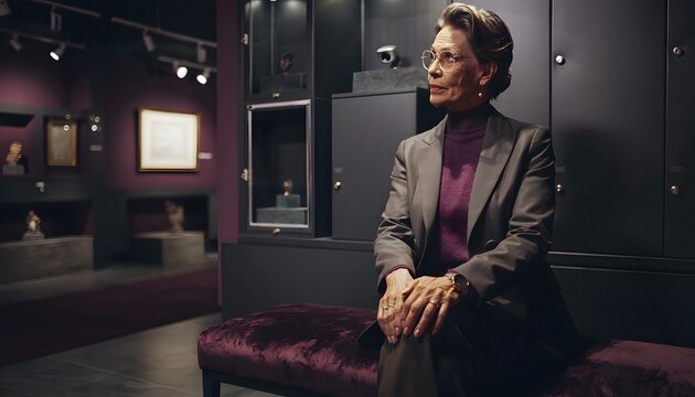 Elegant Woman in Blazer Sitting in Modern Art Gallery Exhibition