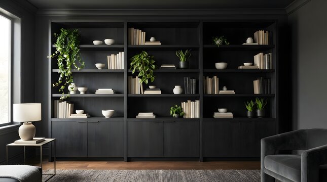 Modern dark interior with built in black bookshelves and decorative home styling elements