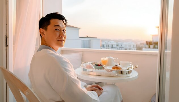 Relaxing Moment on Balcony with Breakfast During Sunrise