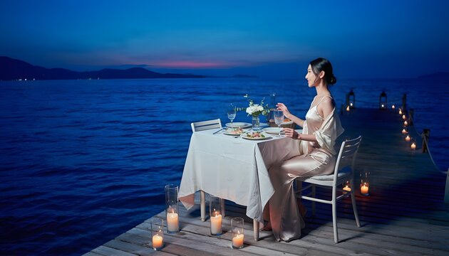 Romantic Dinner Setup by the Water at Dusk with Elegantly Dressed Woman