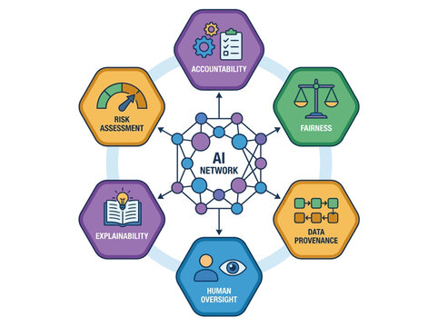Diagram illustrating key principles for responsible AI governance, including accountability, fairness, data provenance, human oversight, explainability, and risk assessment.