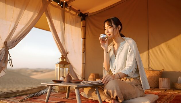 Woman Enjoying Tea in Desert Tent During Sunset in Tranquil Setting