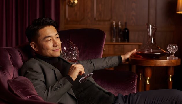 Elegant Man Relaxing with Wine Glass in Luxurious Setting