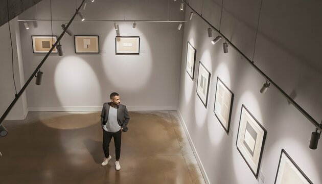 Visitor Examining Artworks in a Modern Gallery with Minimalist Design