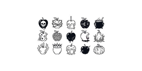 Collection of decorative poisoned apples potions and gothic pumpkins for halloween themes.