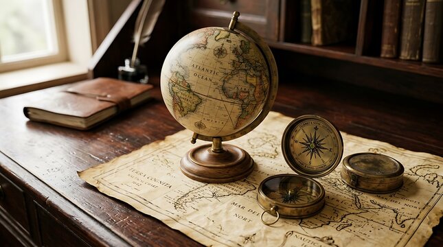 Vintage nautical exploration still life with antique globe and map on wooden desk, navigation