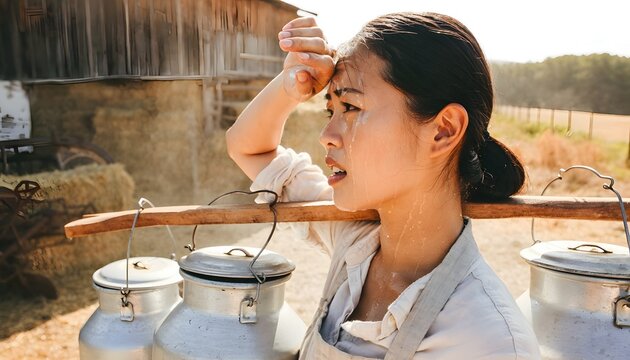 Farmer Woman Carrying Milk Cans Under Sunlight in Rural Landscape