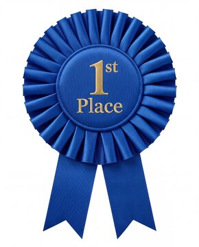 Blue first place award ribbon rosette isolated on white background