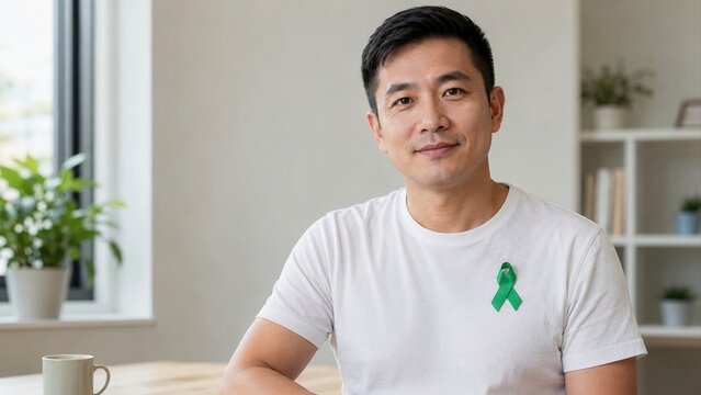 Confident man wearing green mental health awareness ribbon in a bright home office