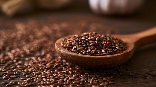 Brown flax seeds fill a wooden spoon on a dark wood surface with scattered seeds around under warm lighting