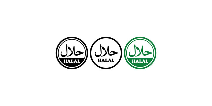 Halal certification labels with circular stamps in black and green for food labeling.