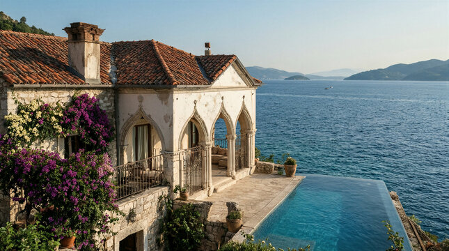 Croatian Korcula island villa featuring smooth white stucco over ancient stone and traditional terracotta tile roof