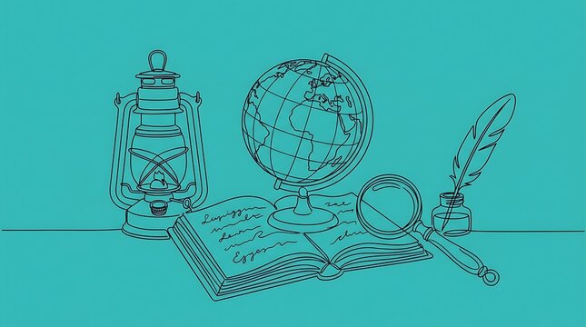 Illustration of vintage navigation tools and globe on teal background with illustration, nautical