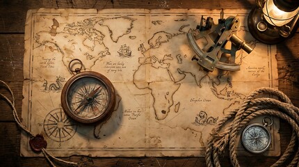 Old world map with compass and nautical rope on dark rustic table nautical exploration adventure © Pro Team