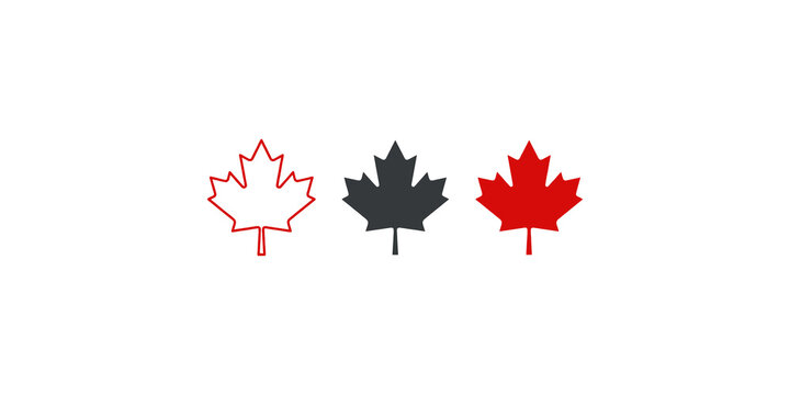 Set of maple leaf icons with red and black outline and solid color designs for Canadian branding projects.