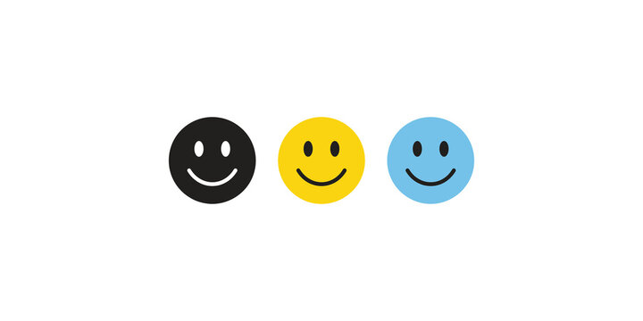Smiling face icon set in black yellow and blue colors for expressing mood and customer satisfaction.