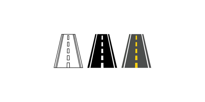 Asphalt road section icons set with markings for transport and navigation.