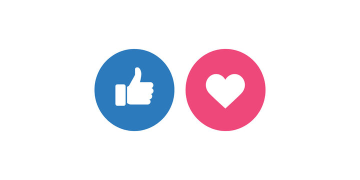 Social media engagement buttons with thumbs up like and heart reaction icons.