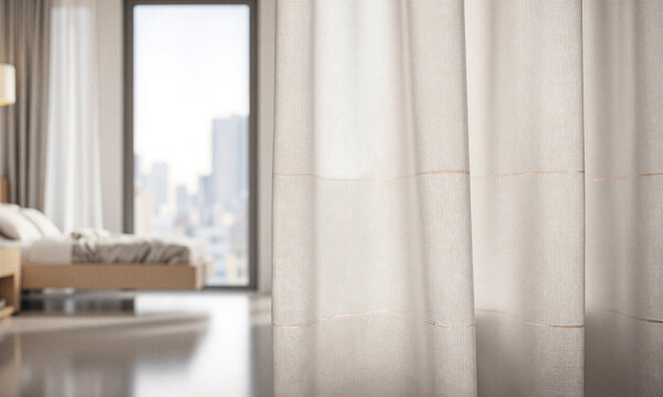 Curtain textile macro close up of air purifying fabric with copper threads in a modern bedroom with city background
