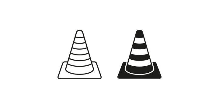 Traffic safety cone icons in outline and solid black styles for road construction warning.