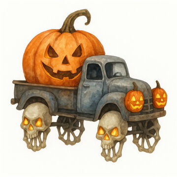 Spooky halloween watercolor illustration of haunted vintage truck. This jack o lantern pumpkin and scary skull vehicle has sinister, creepy feeling for scary design