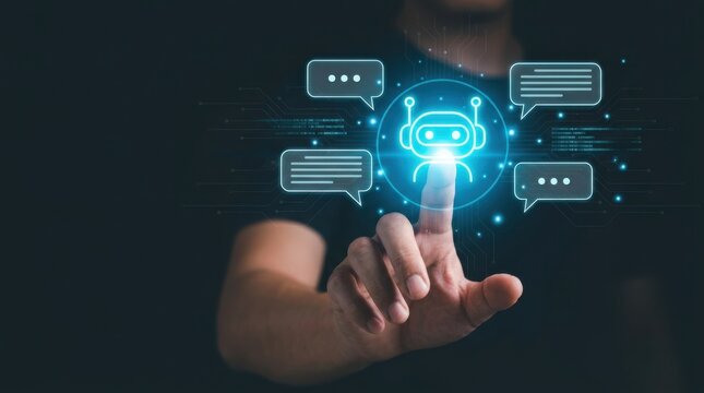 Person interacting with a digital chatbot icon and speech bubbles on a dark background