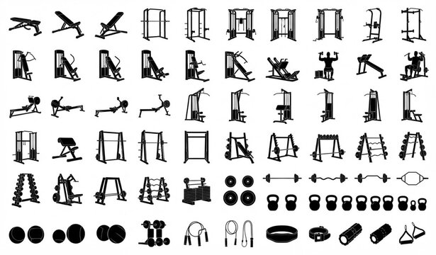 Gym Equipment Silhouette Set Weight Bench Strength Training Machines Vector