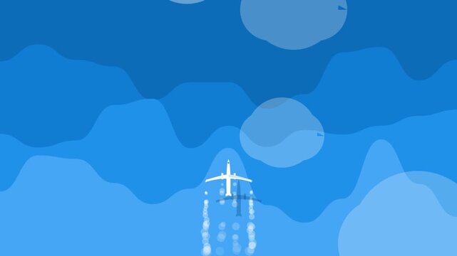 White passenger jet airplane soaring through blue stylized clouds in this smooth digital motion animation clip