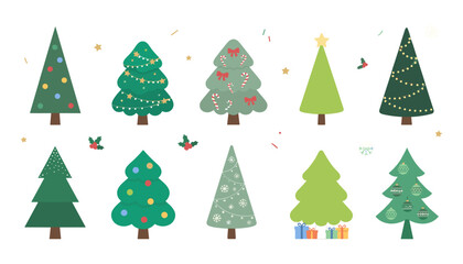 Fototapeta premium Festive Christmas Tree Collection with Decorated Pine Trees Lights Ornaments and Gifts for Holiday Greeting Card and Decoration Design