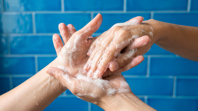 Hands covered in white soap foam against tiles.