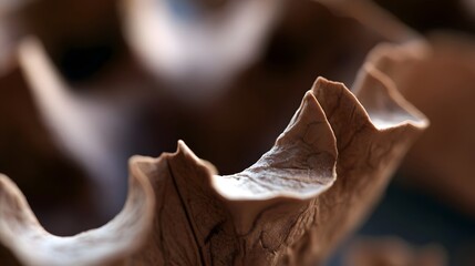 Fototapeta premium Close up of a dried walnut shell showing detailed ridges and natural brown tones under soft lighting