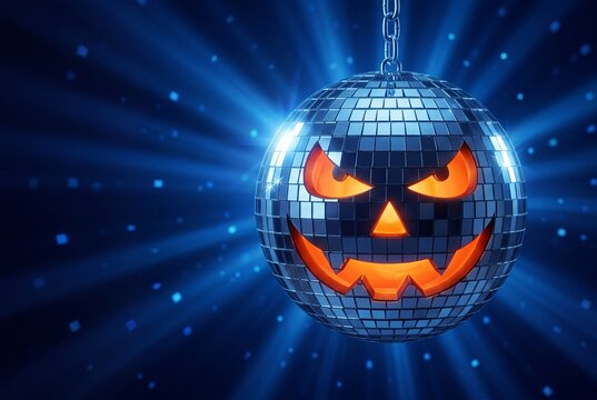 Spooky halloween disco ball with glowing jackolantern face and blue light rays