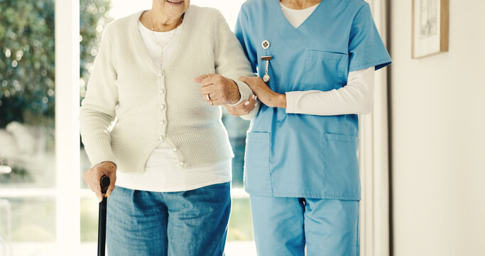 Hands, caregiver or help old woman with cane for mobility support, hip surgery recovery or homecare. Walking stick, carer or senior person with disability for fall prevention, assistance or stability