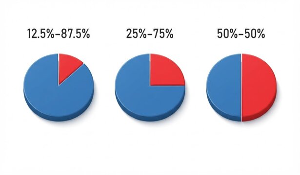 3D Blue and Red Pie Chart Set with 12.5 25 and 50 Percent Data Vector