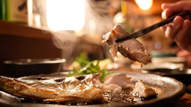 日本居酒屋で熱々の焼き魚を箸でほぐし持ち上げる瞬間