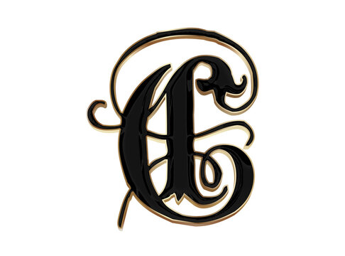 Black and gold gothic letter C blackletter calligraphy font isolated on transparent background