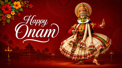 Obraz premium Traditional kathakali dancer performing gracefully against red background for happy onam south indian festival in kerala featuring floral designs and ancient temples