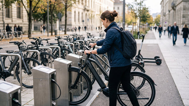 Woman unlocking bicycle at urban bike share station