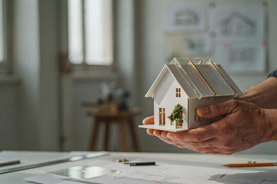 Hands holding a white house model with a small tree over a desk with architectural blueprints and drafting tools in a bright office