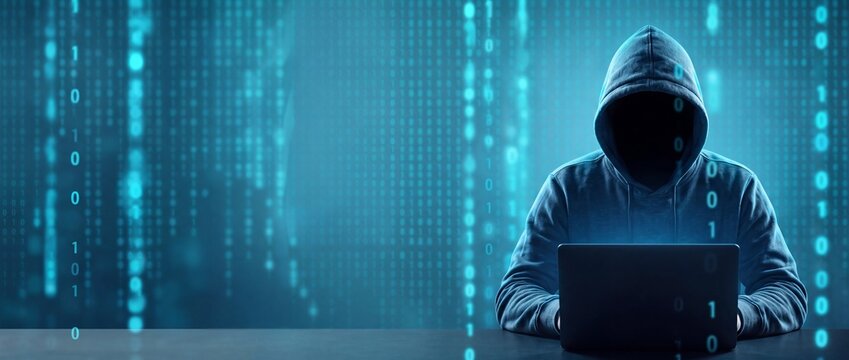 Hacker in a hoodie working on a laptop with digital binary code rain on a blue background