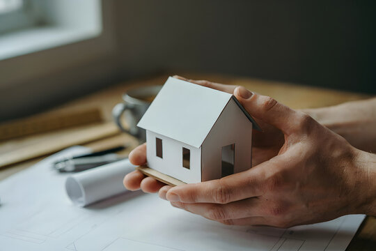 Hands holding a small white house model over an architectural blueprint on a wooden desk, representing home construction and planning