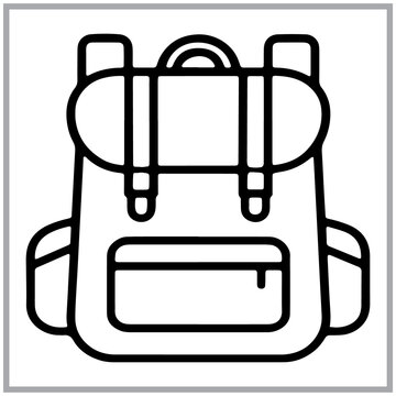 Black and white outline icon of a simple camping backpack for hiking travel and school accessories design element for web and mobile interface applications