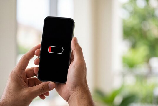 Closeup of a person holding a smartphone with a low battery icon on the screen
