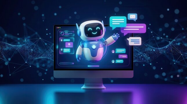Cute 3D AI robot assistant on a computer screen with colorful floating chat bubbles.