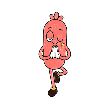 Cute hand-drawn cartoon character practicing yoga in a playful doodle style, with textured vintage coloring and a whimsical expression.